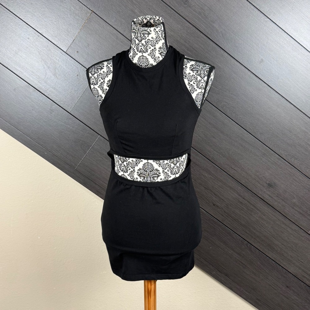 UNIF Women's Small Cutout Mini Dress Black Bodycon Two Piece Illusion Y2K